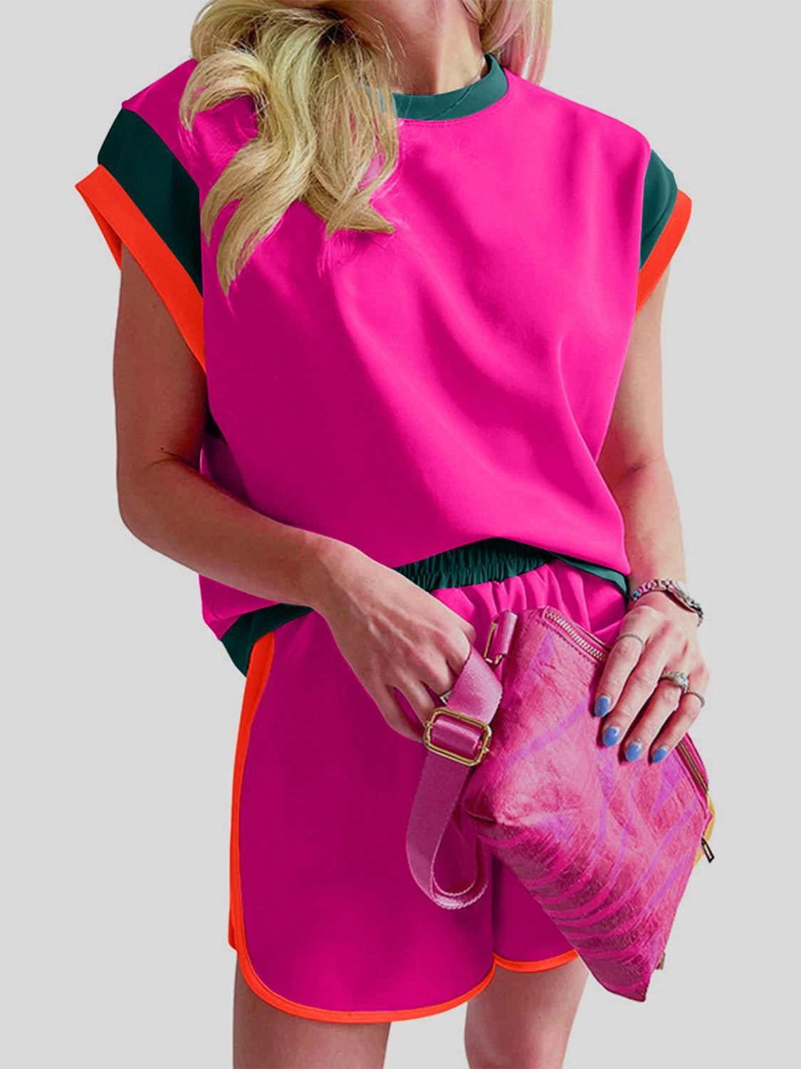 Contrast Round Neck Top and Shorts Set - Clothes For Her Online Store