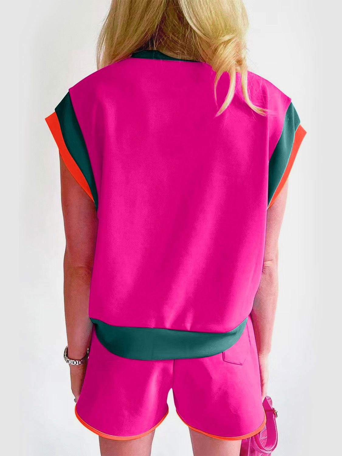 Contrast Round Neck Top and Shorts Set - Clothes For Her Online Store