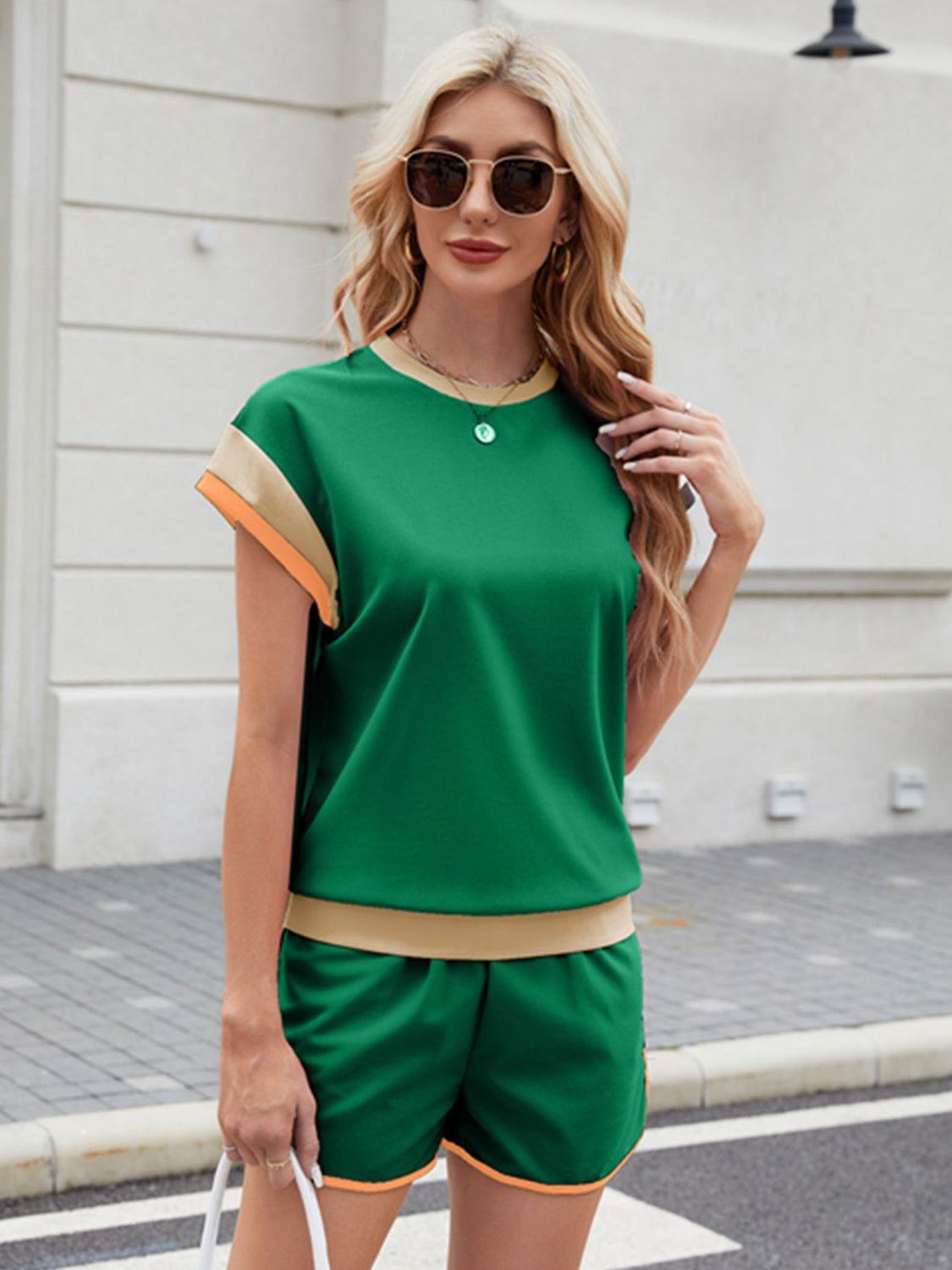 Contrast Round Neck Top and Shorts Set - Clothes For Her Online Store