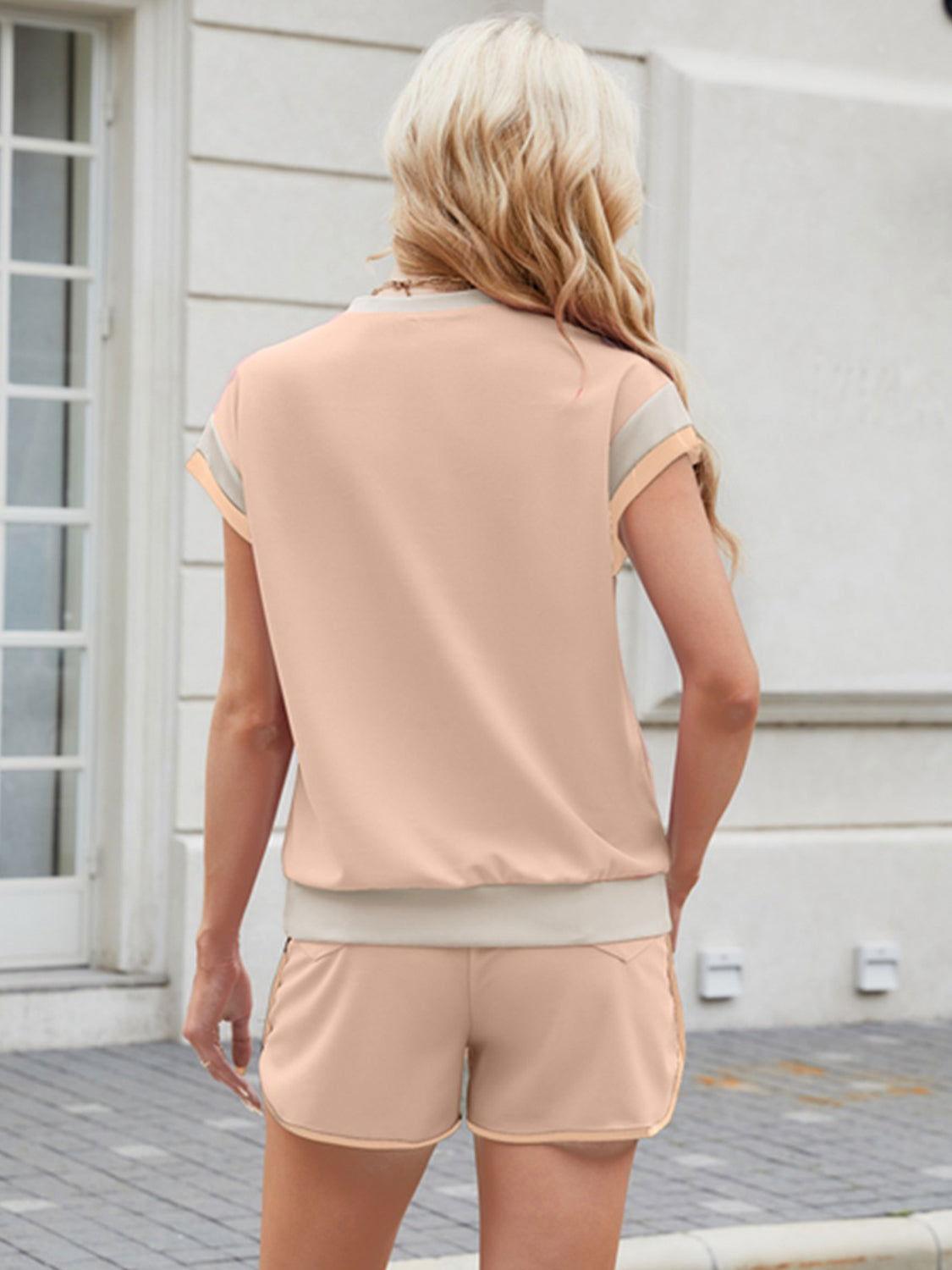 Contrast Round Neck Top and Shorts Set - Clothes For Her Online Store