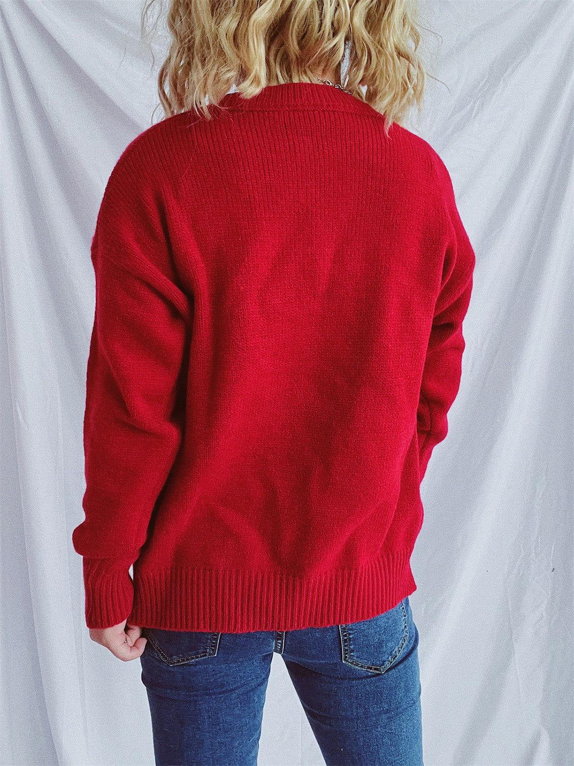 Contrast Star Round Neck Long Sleeve Sweater - Clothes For Her Online Store