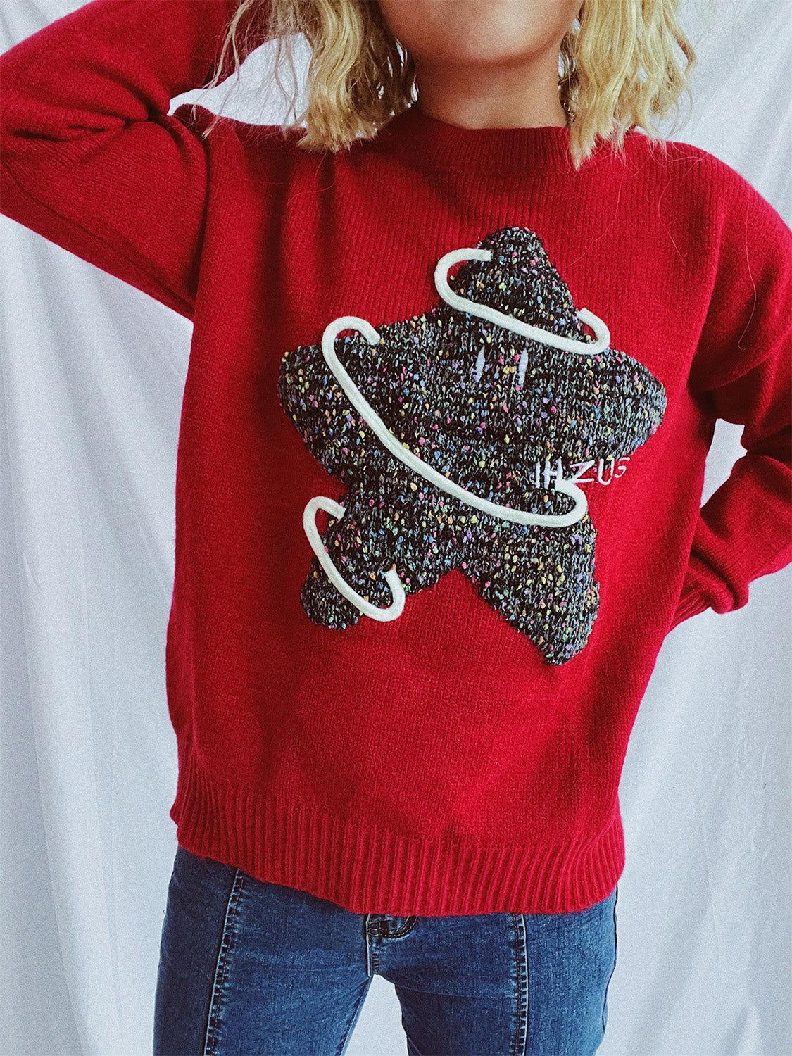 Contrast Star Round Neck Long Sleeve Sweater - Clothes For Her Online Store