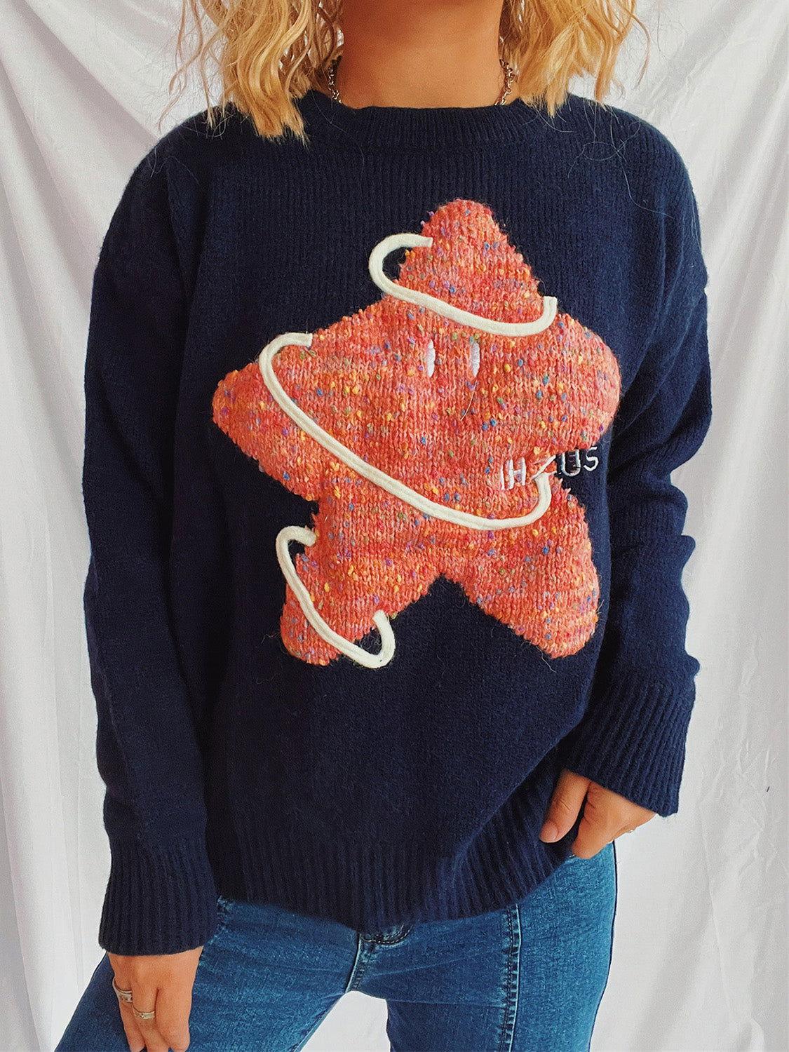 Contrast Star Round Neck Long Sleeve Sweater - Clothes For Her Online Store