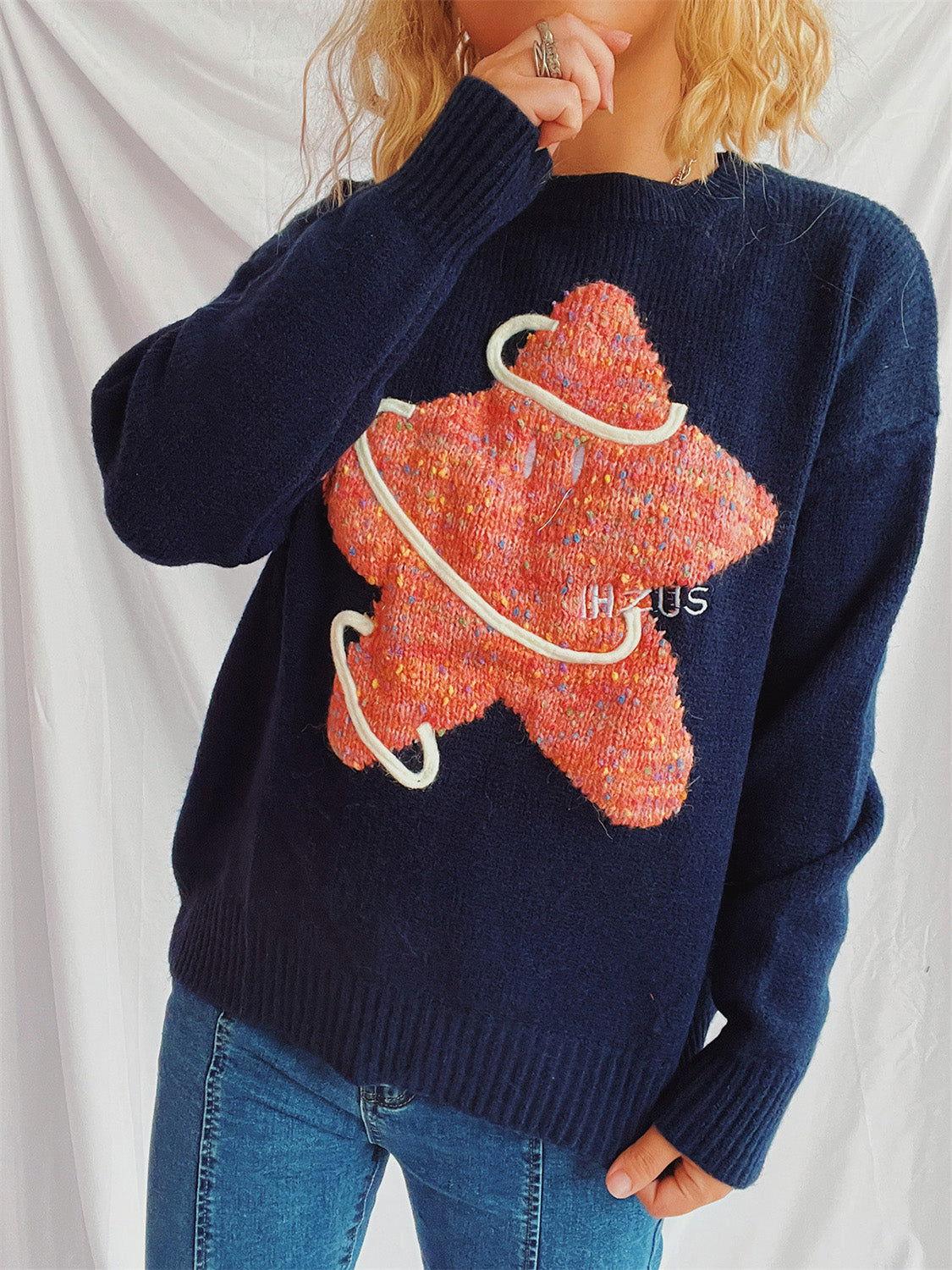 Contrast Star Round Neck Long Sleeve Sweater - Clothes For Her Online Store