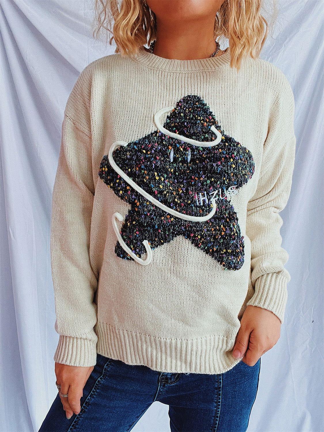 Contrast Star Round Neck Long Sleeve Sweater - Clothes For Her Online Store