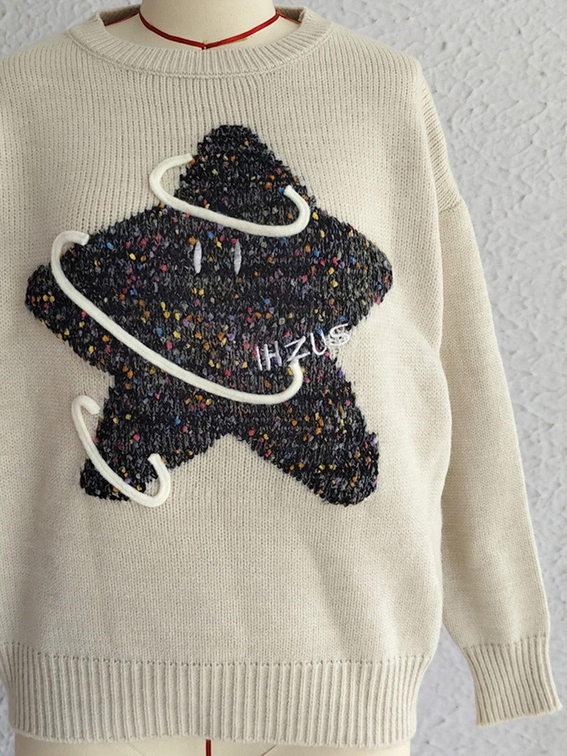 Contrast Star Round Neck Long Sleeve Sweater - Clothes For Her Online Store
