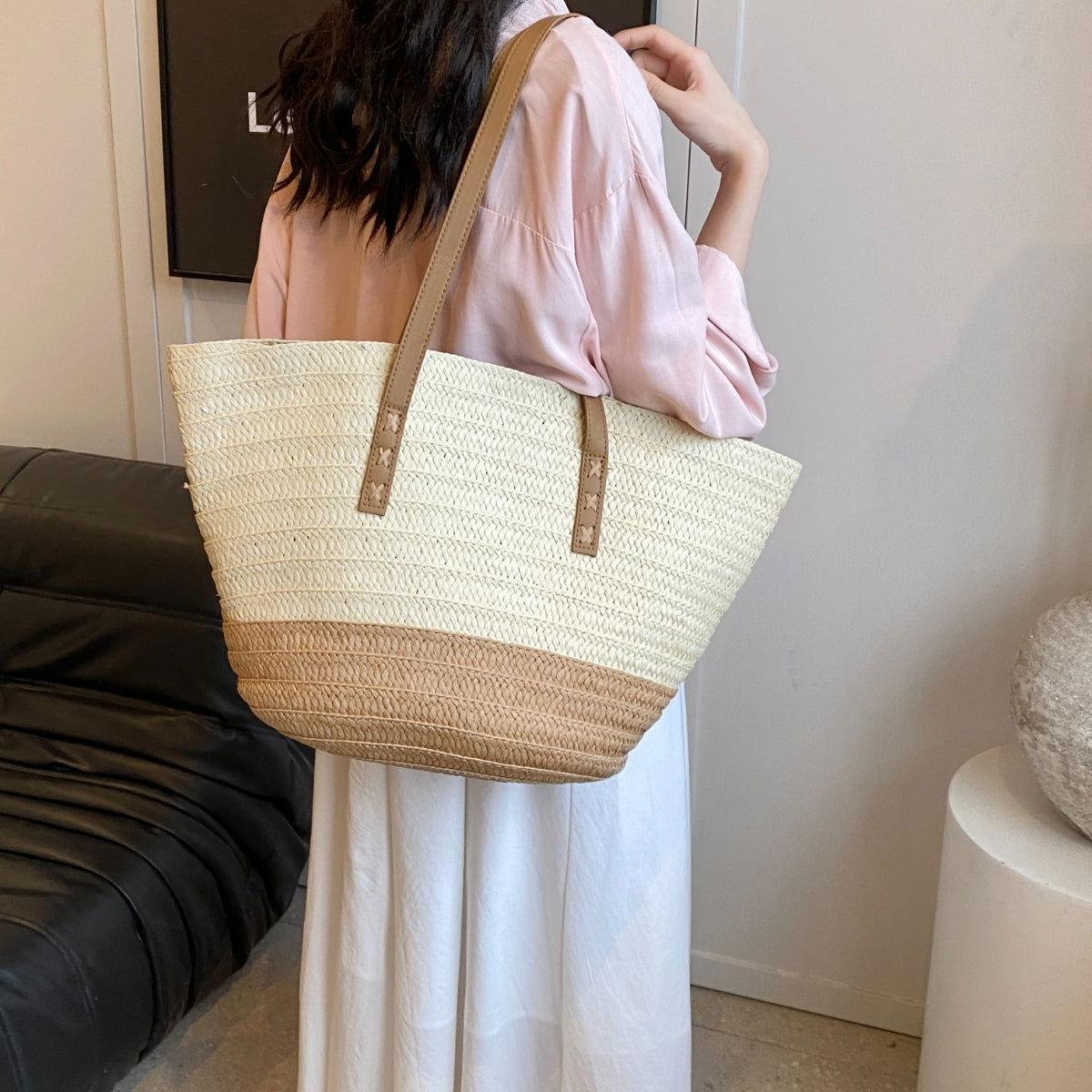 Contrast Straw Braided Handbag - Clothes For Her Online Store