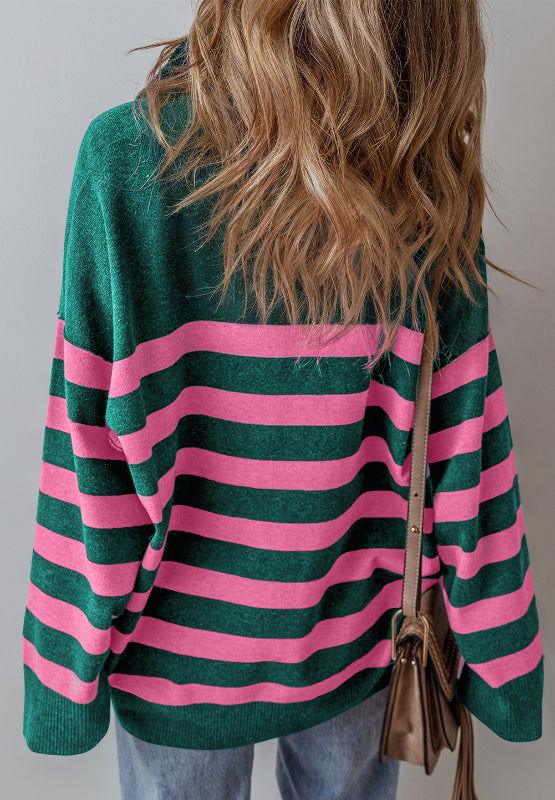 Contrast Striped Quarter Zip Long Sleeve Sweater - Clothes For Her Online Store