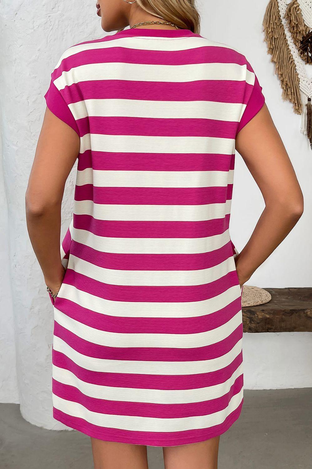 Contrast Striped Round Neck Short Sleeve Mini Dress - Clothes For Her Online Store