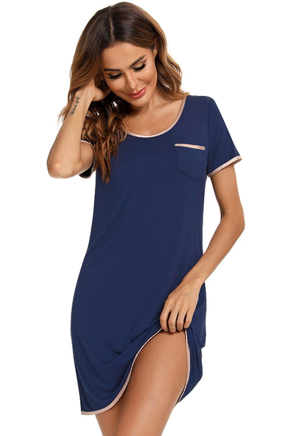Contrast Trim Pocketed Round Neck Lounge Dress - Clothes For Her Online Store