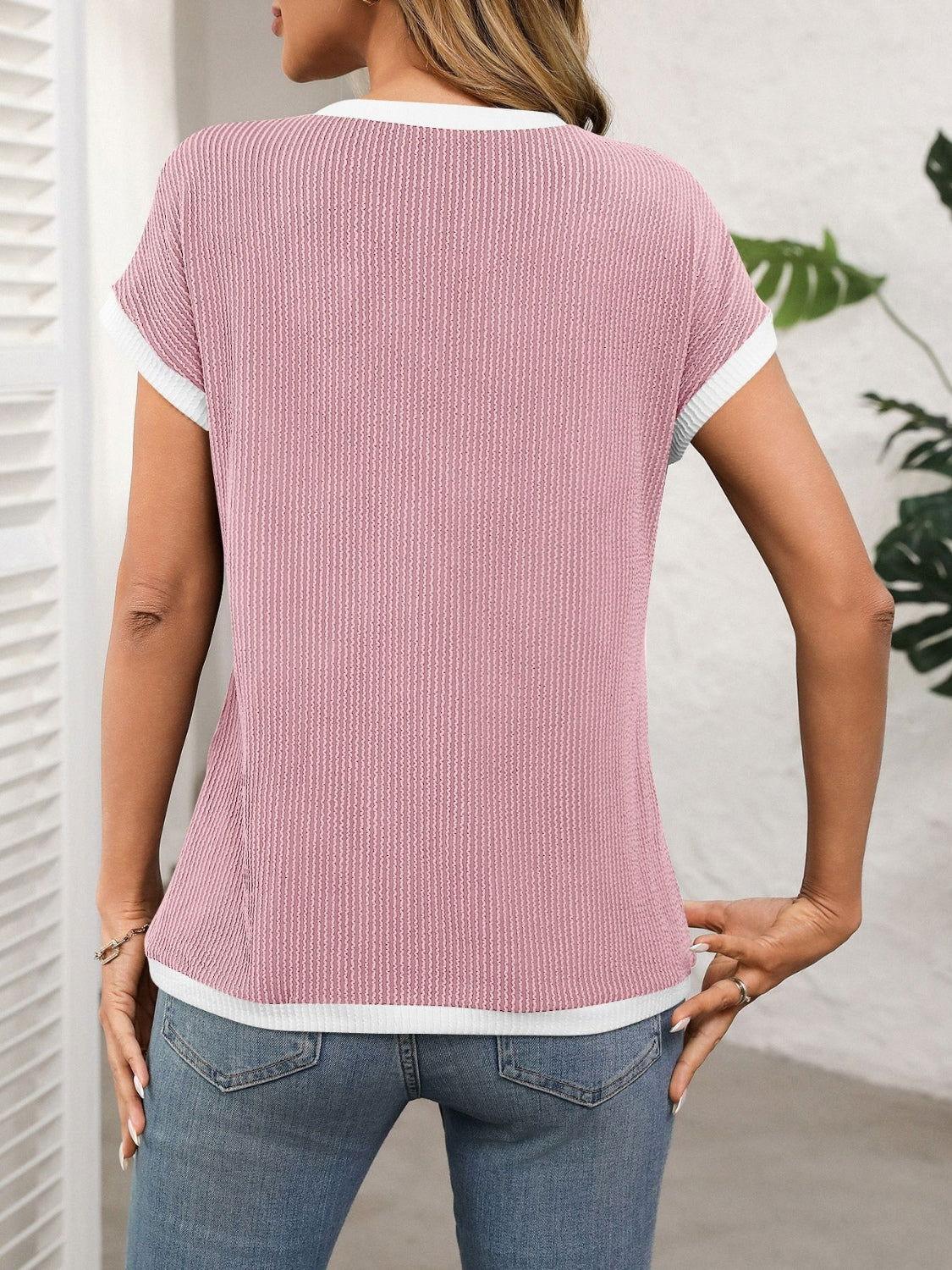Contrast Trim Round Neck Short Sleeve T-Shirt - Clothes For Her Online Store