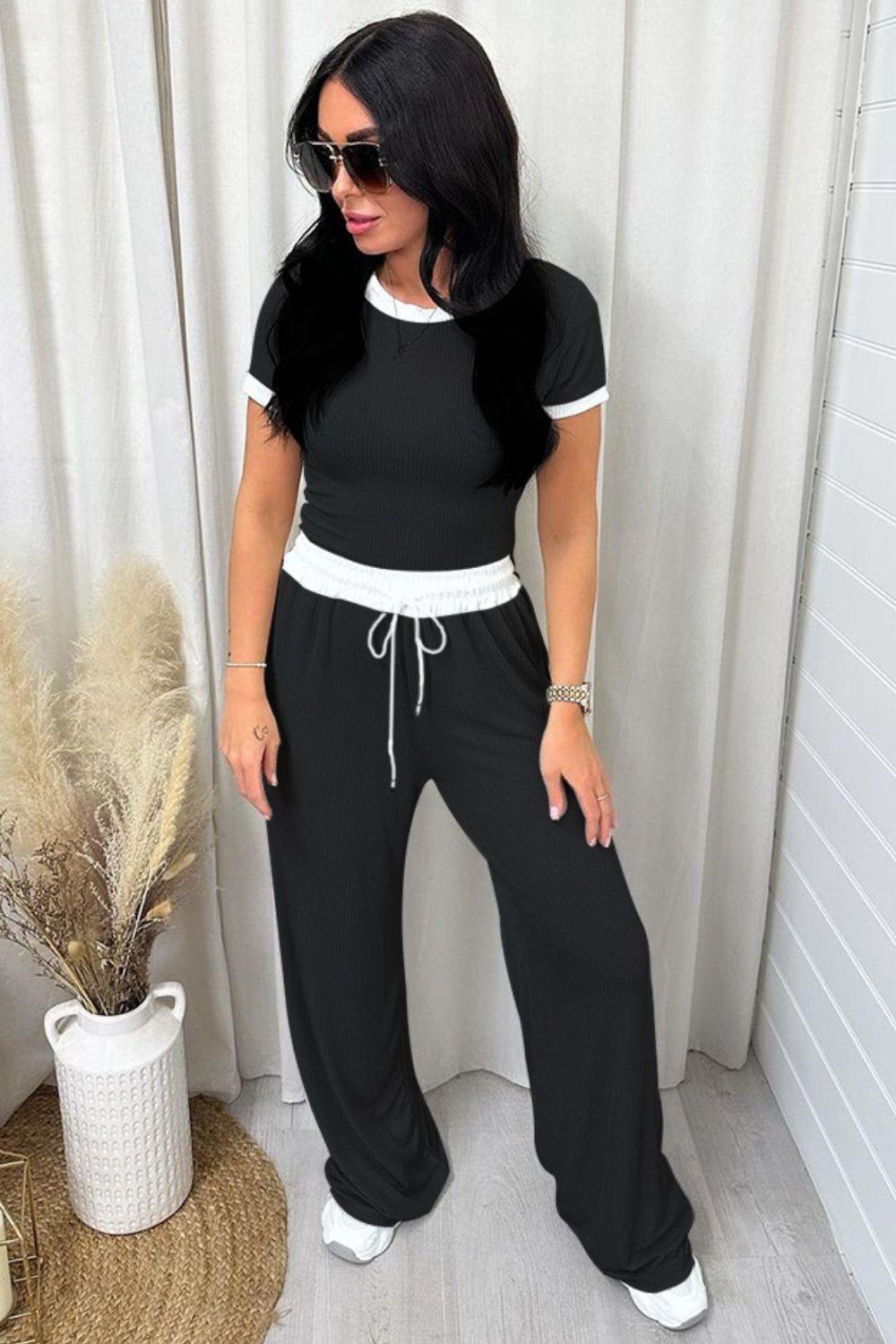Contrast Trim Round Neck Top and Pants Set - Clothes For Her Online Store