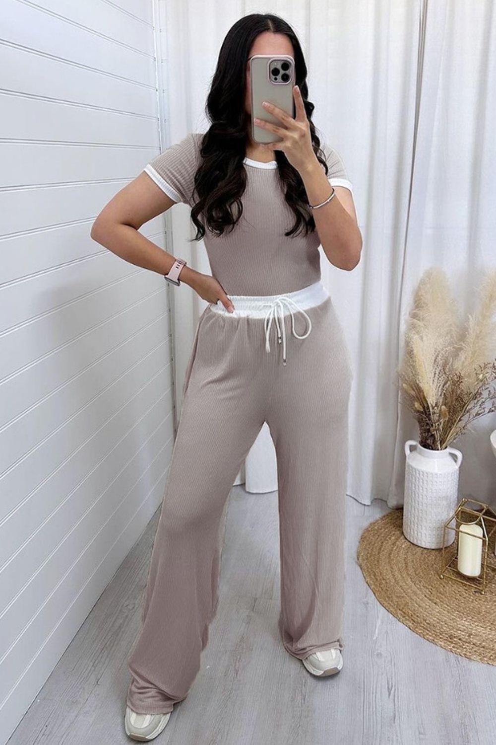 Contrast Trim Round Neck Top and Pants Set - Clothes For Her Online Store