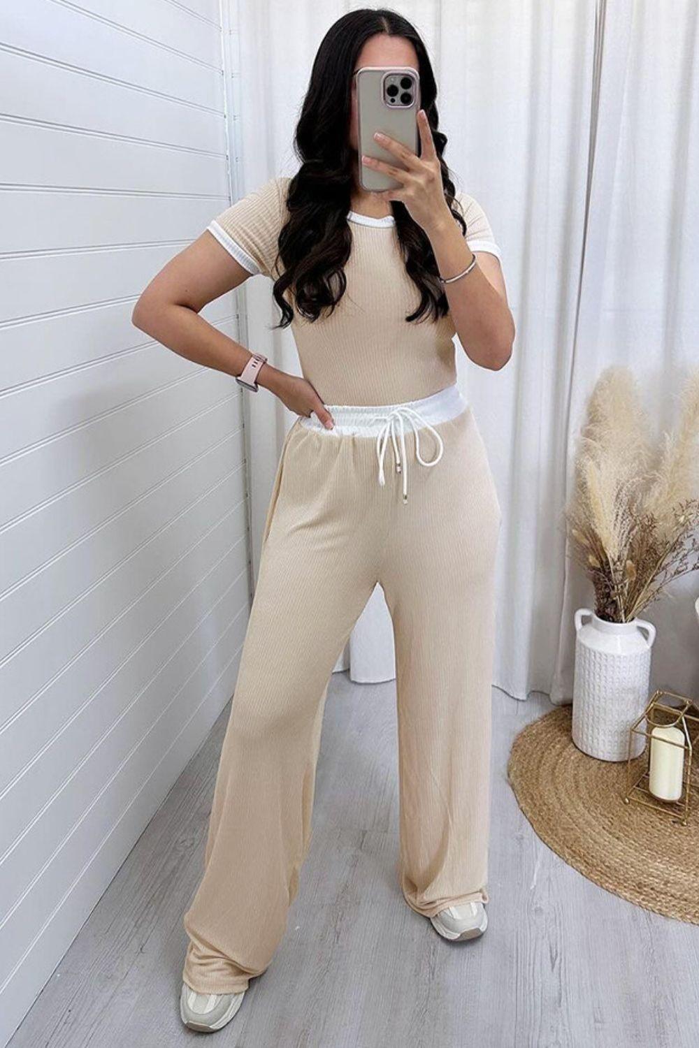 Contrast Trim Round Neck Top and Pants Set - Clothes For Her Online Store