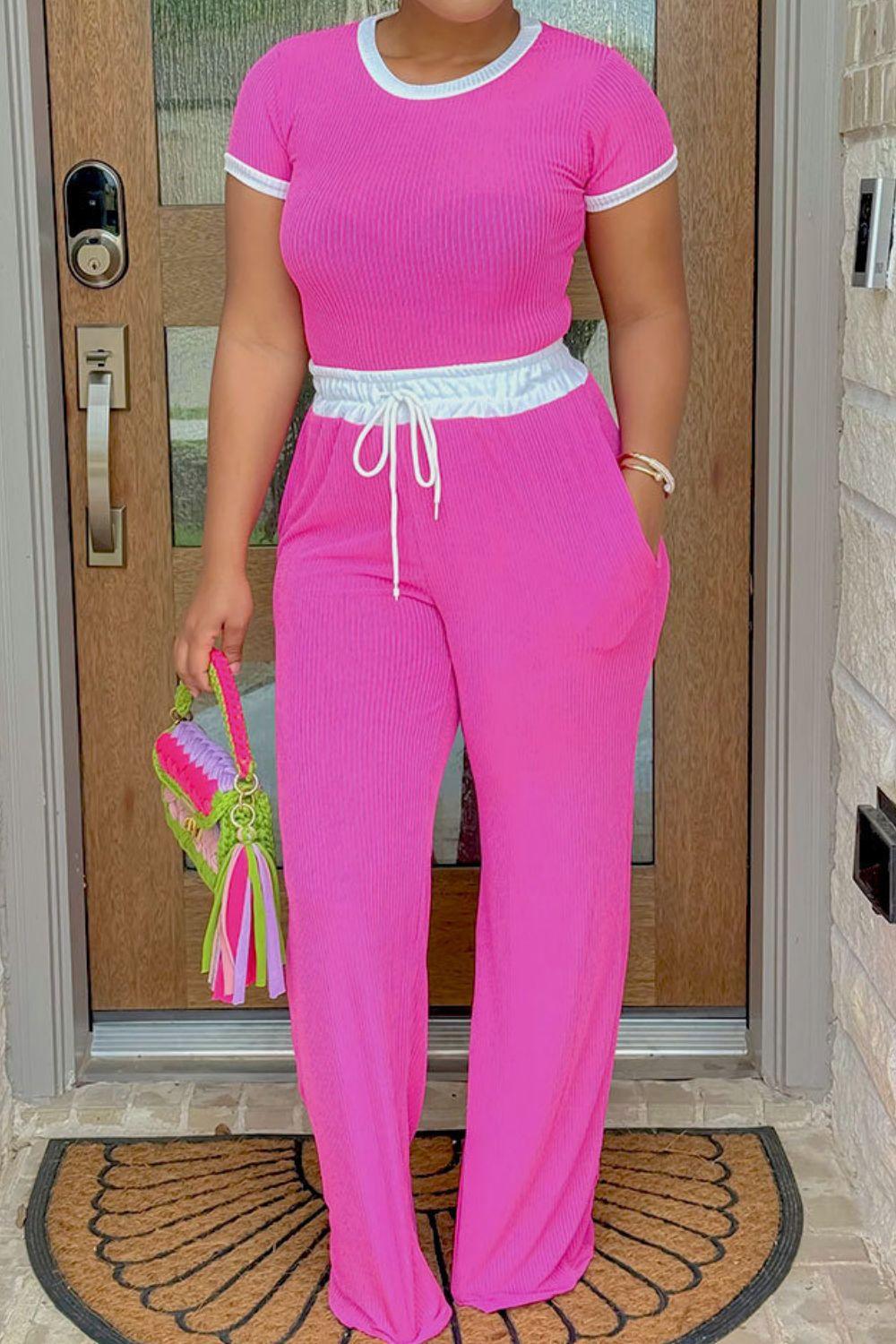 Contrast Trim Round Neck Top and Pants Set - Clothes For Her Online Store