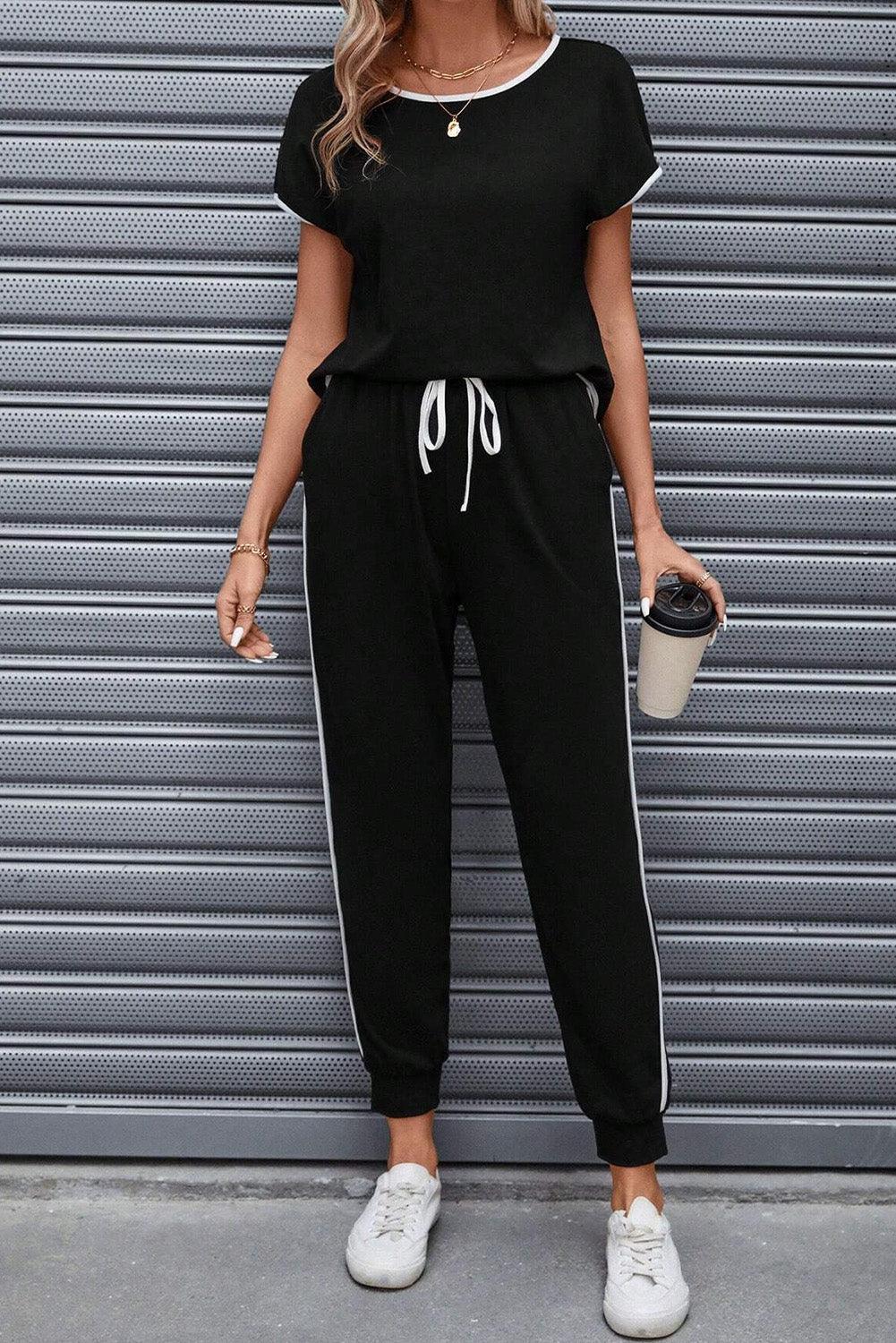 Contrast Trim Round Neck Top and Pants Set - Clothes For Her Online Store