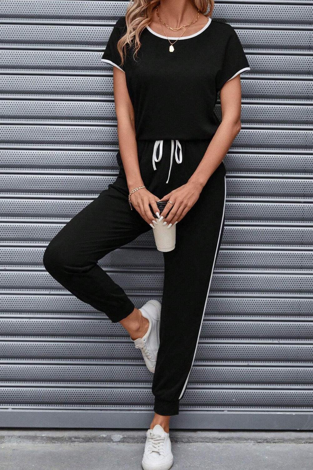 Contrast Trim Round Neck Top and Pants Set - Clothes For Her Online Store
