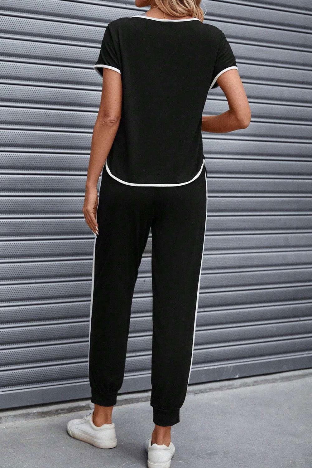Contrast Trim Round Neck Top and Pants Set - Clothes For Her Online Store