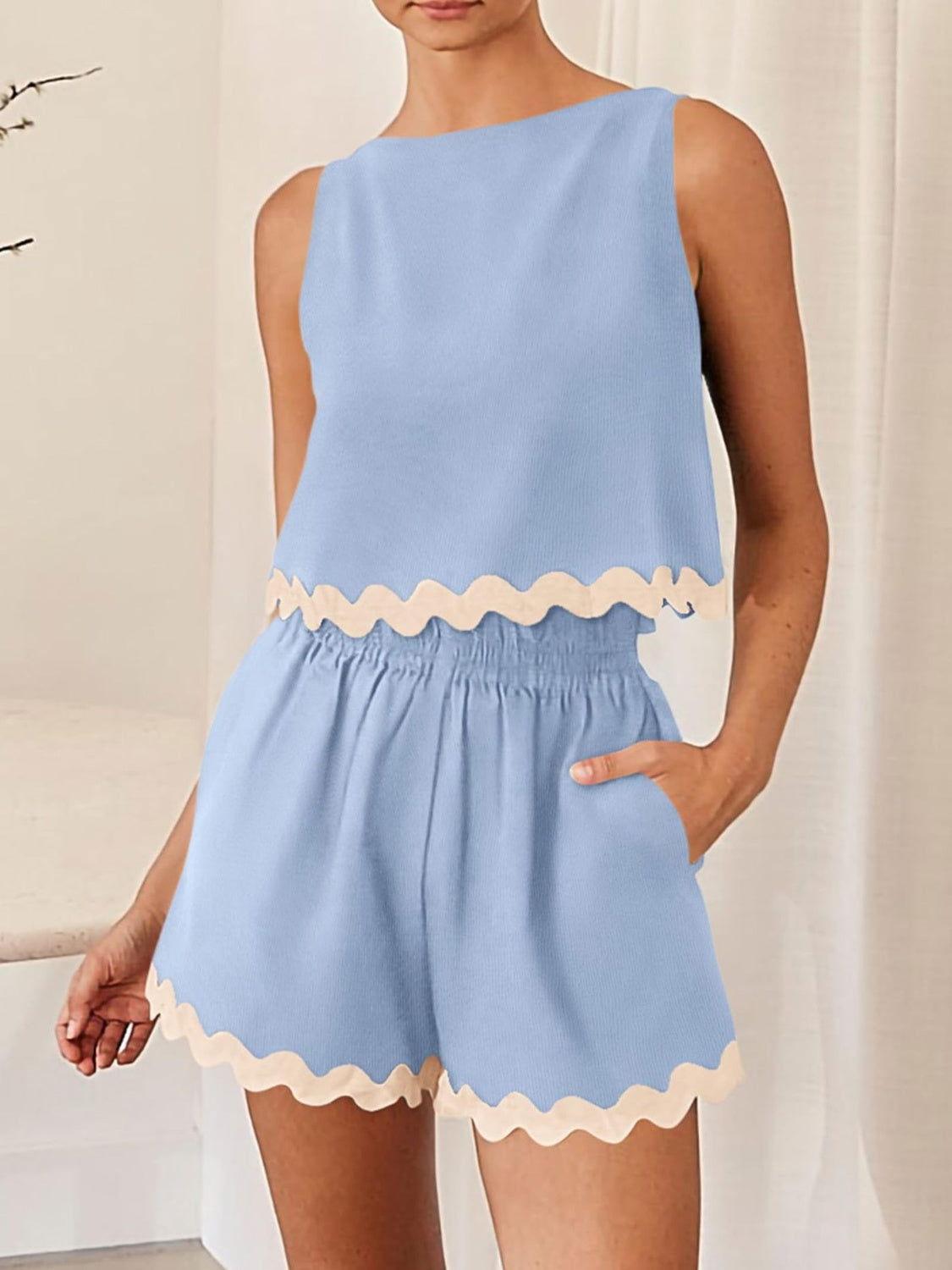Contrast Trim Round Neck Top and Shorts Set - Clothes For Her Online Store