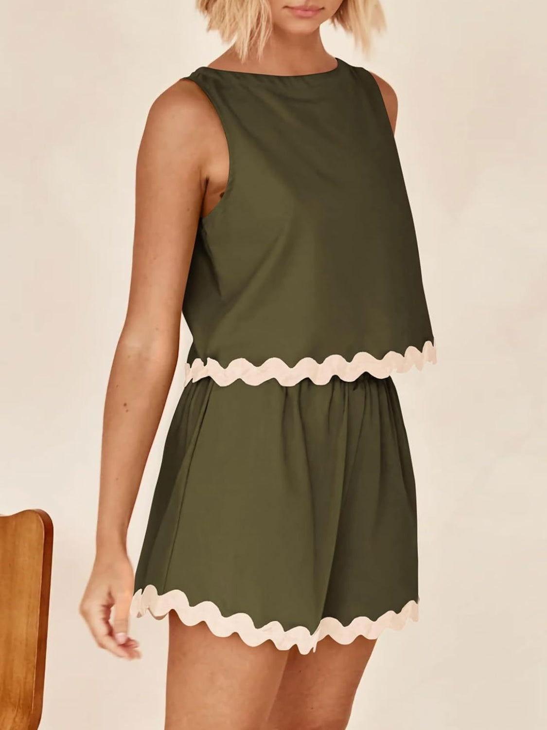 Contrast Trim Sleeveless Top and Shorts Set - Clothes For Her Online Store