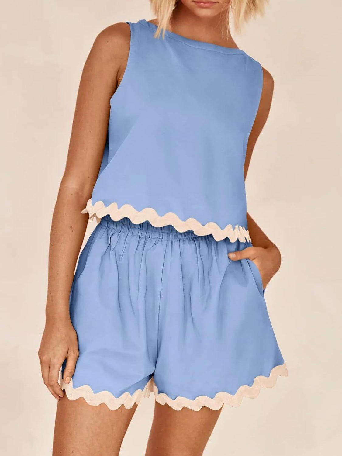 Contrast Trim Sleeveless Top and Shorts Set - Clothes For Her Online Store