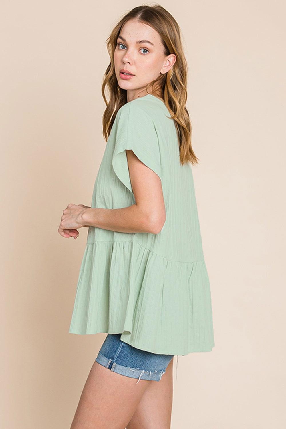 Cotton Bleu by Nu Lab Ruched Notched Short Sleeve Blouse - Clothes For Her Online Store