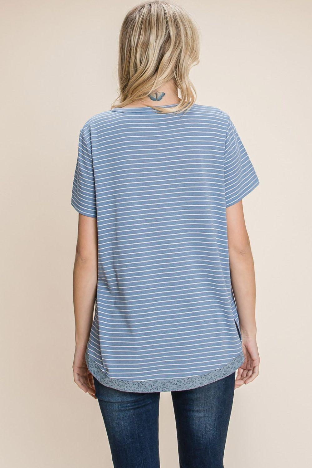 Cotton Bleu by Nu Lab Slit Striped Notched Short Sleeve T-Shirt - Clothes For Her Online Store