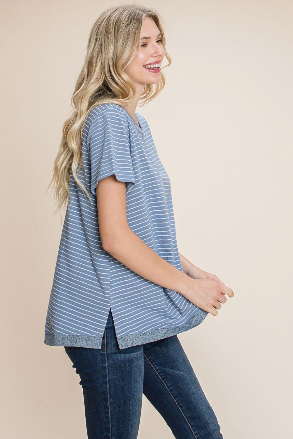 Cotton Bleu by Nu Lab Slit Striped Notched Short Sleeve T-Shirt - Clothes For Her Online Store