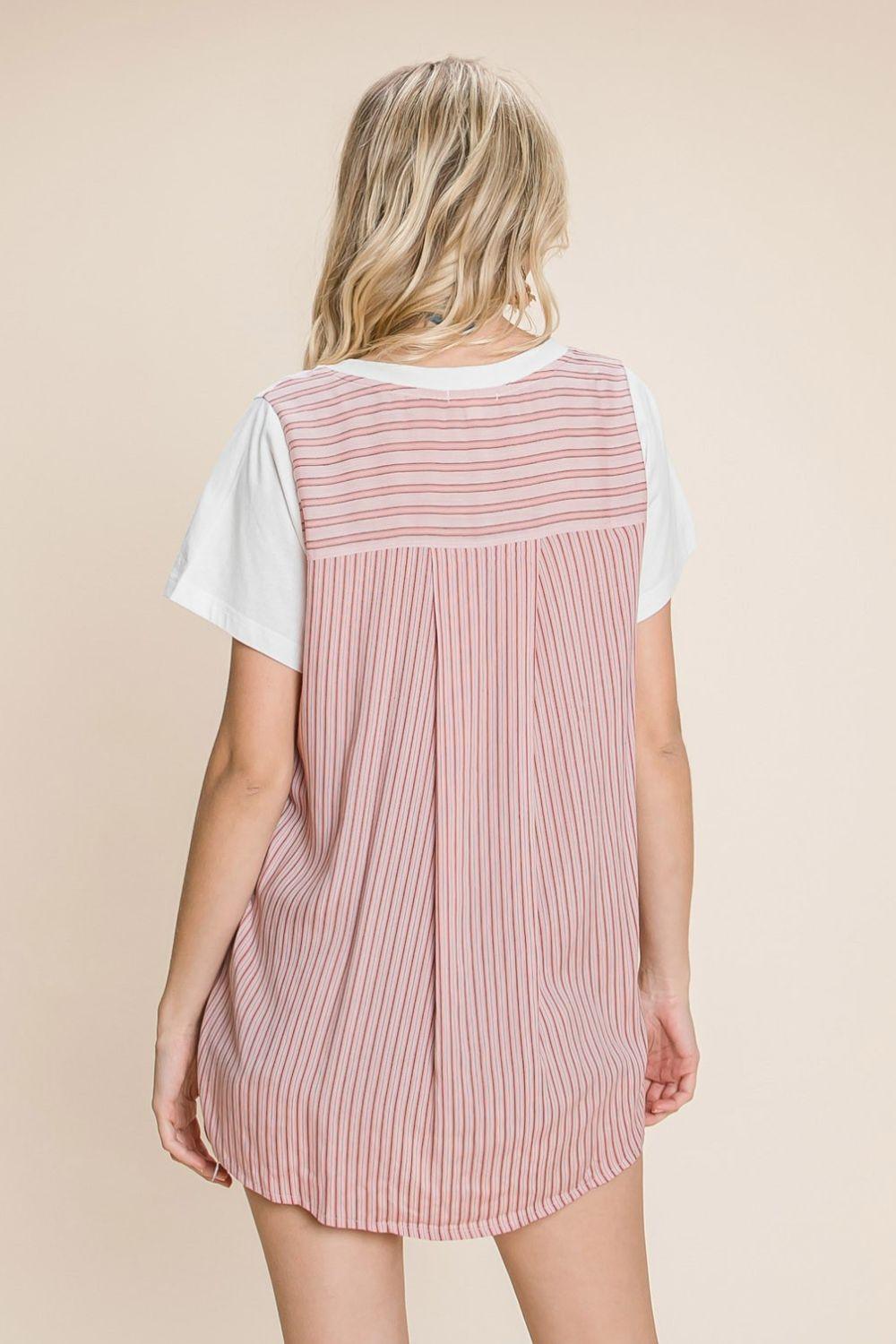 Cotton Bleu by Nu Label Contrast Striped Short Sleeve T-Shirt - Clothes For Her Online Store