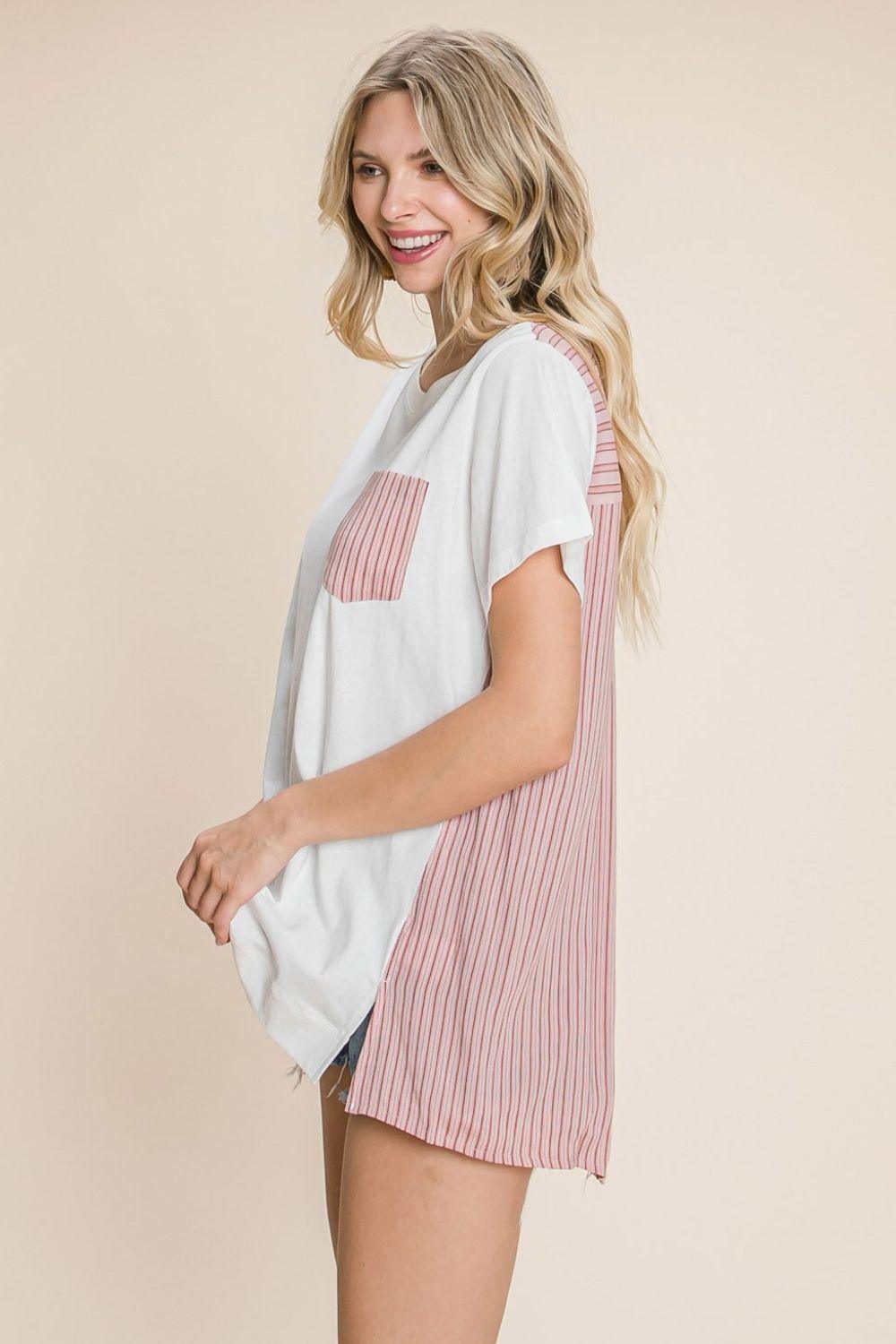 Cotton Bleu by Nu Label Contrast Striped Short Sleeve T-Shirt - Clothes For Her Online Store