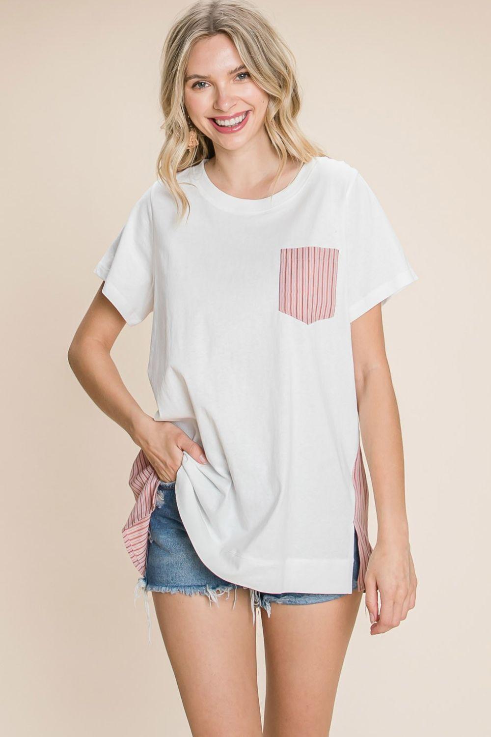 Cotton Bleu by Nu Label Contrast Striped Short Sleeve T-Shirt - Clothes For Her Online Store