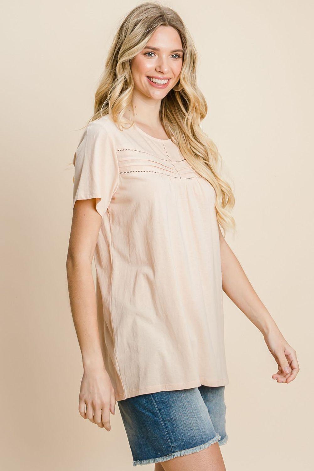 Cotton Bleu by Nu Label Eyelet Round Neck Short Sleeve T-Shirt - Clothes For Her Online Store