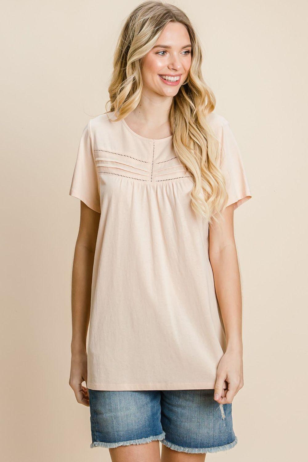 Cotton Bleu by Nu Label Eyelet Round Neck Short Sleeve T-Shirt - Clothes For Her Online Store