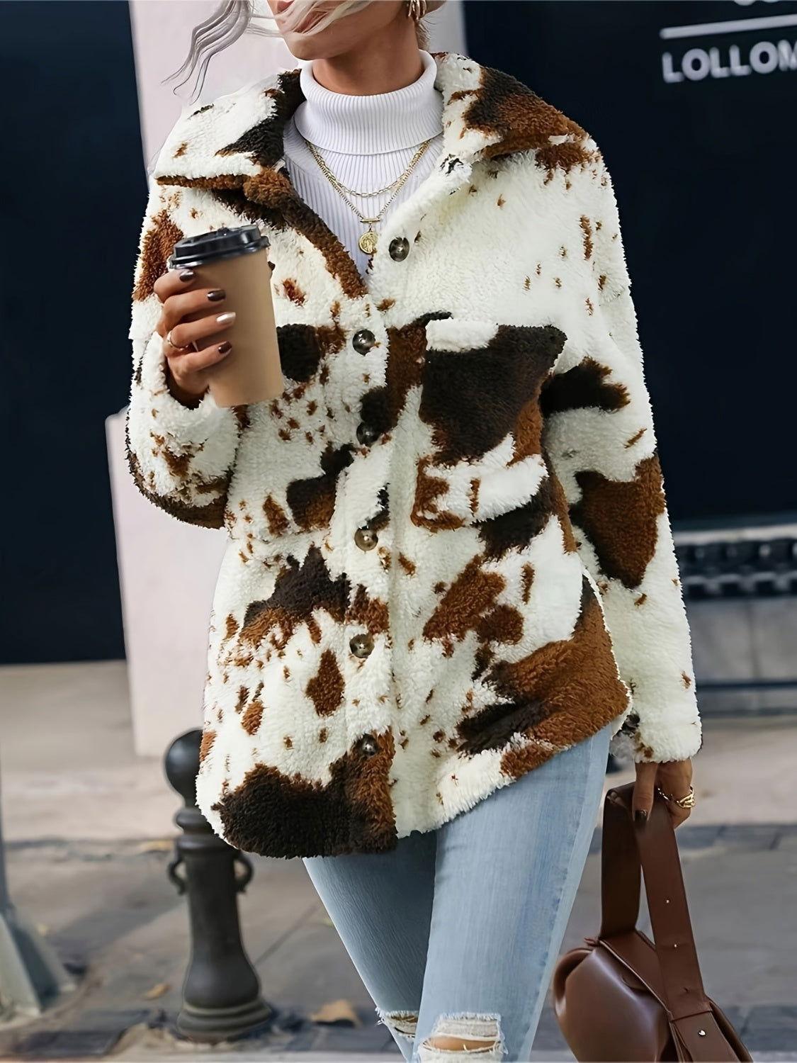 Cow Print Collared Neck Button Up Fuzzy Jacket - Clothes For Her Online Store