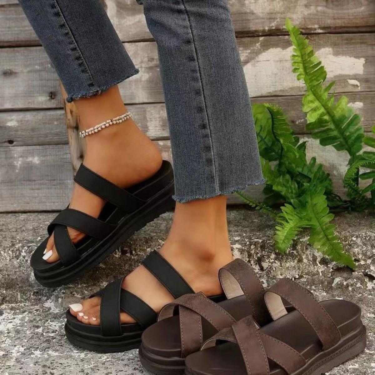Crisscross PU Leather Flat Sandals - Clothes For Her Online Store
