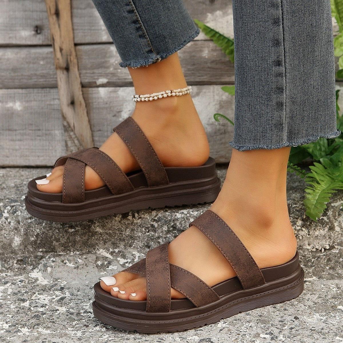 Crisscross PU Leather Flat Sandals - Clothes For Her Online Store
