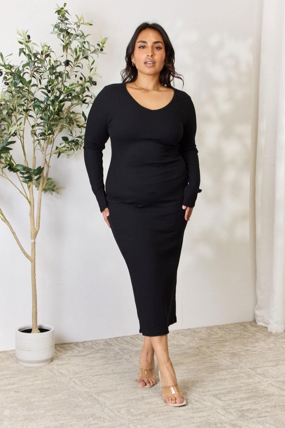 Culture Code Full Size Ribbed Long Sleeve Midi Slit Dress - Clothes For Her Online Store
