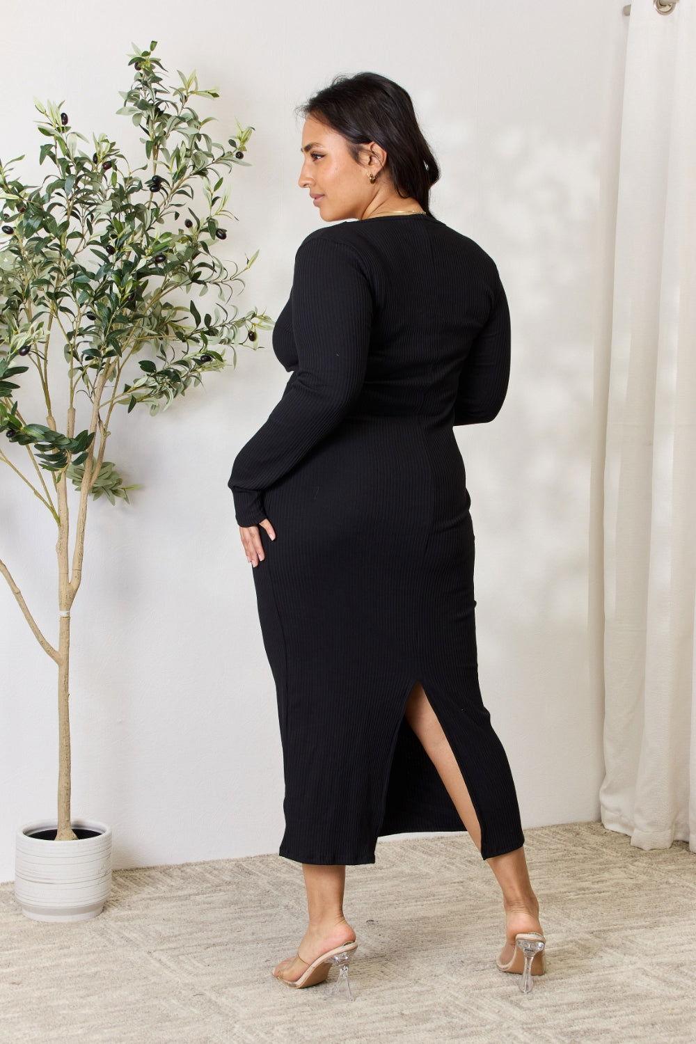 Culture Code Full Size Ribbed Long Sleeve Midi Slit Dress - Clothes For Her Online Store