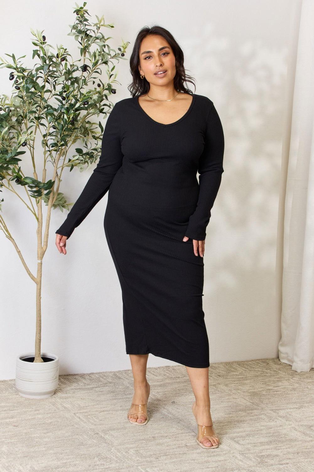 Culture Code Full Size Ribbed Long Sleeve Midi Slit Dress - Clothes For Her Online Store