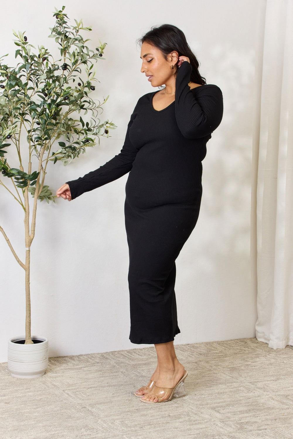 Culture Code Full Size Ribbed Long Sleeve Midi Slit Dress - Clothes For Her Online Store