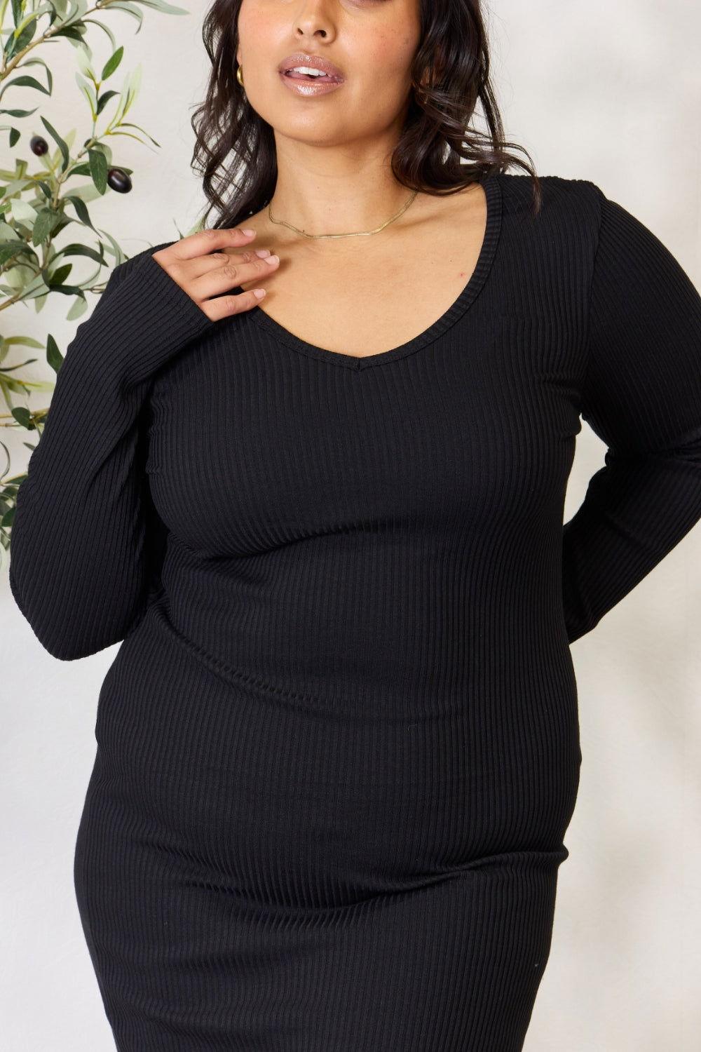 Culture Code Full Size Ribbed Long Sleeve Midi Slit Dress - Clothes For Her Online Store