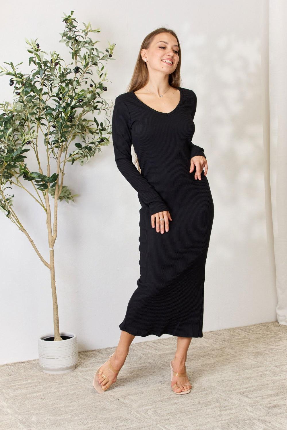 Culture Code Full Size Ribbed Long Sleeve Midi Slit Dress - Clothes For Her Online Store
