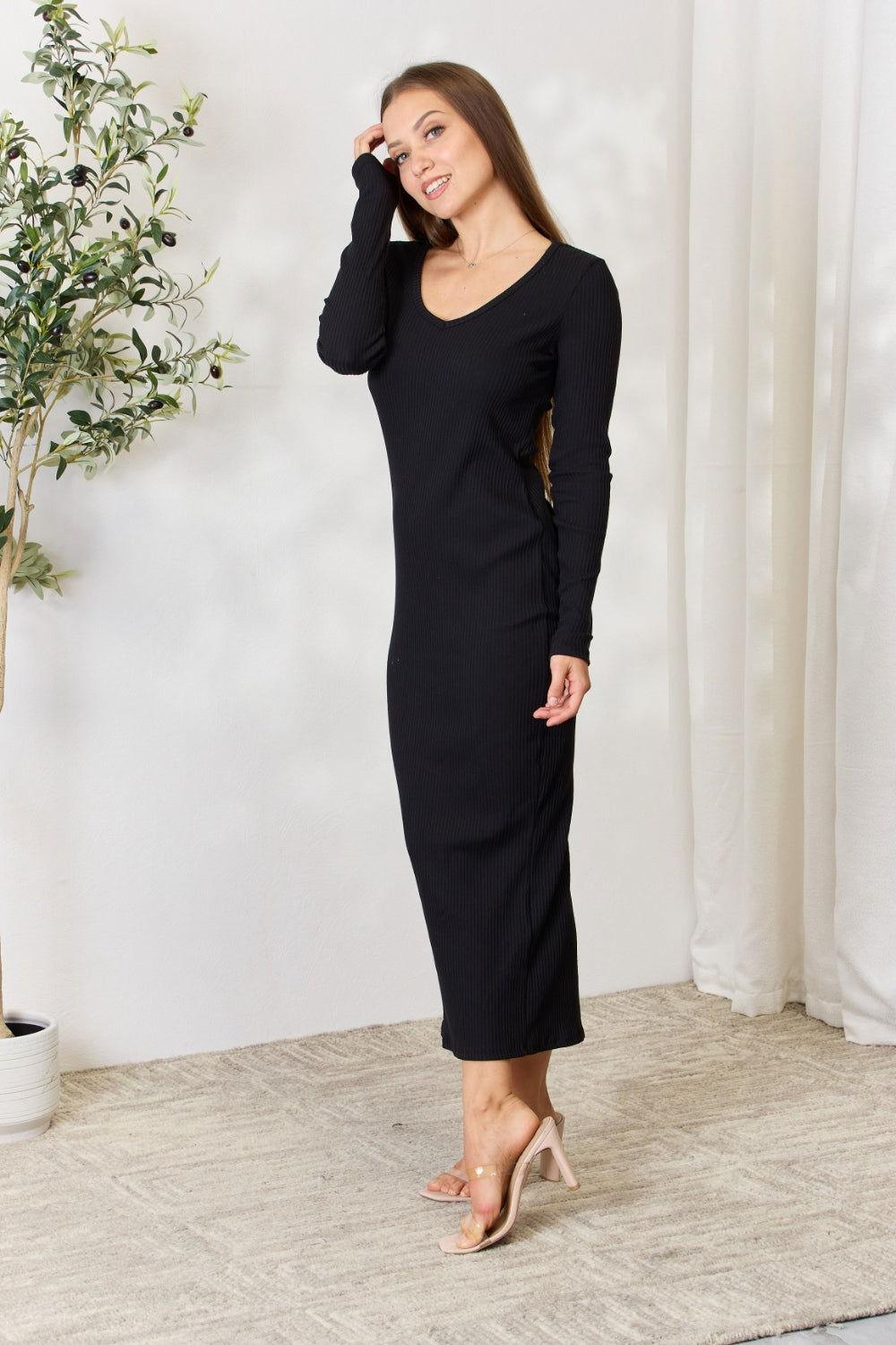 Culture Code Full Size Ribbed Long Sleeve Midi Slit Dress - Clothes For Her Online Store