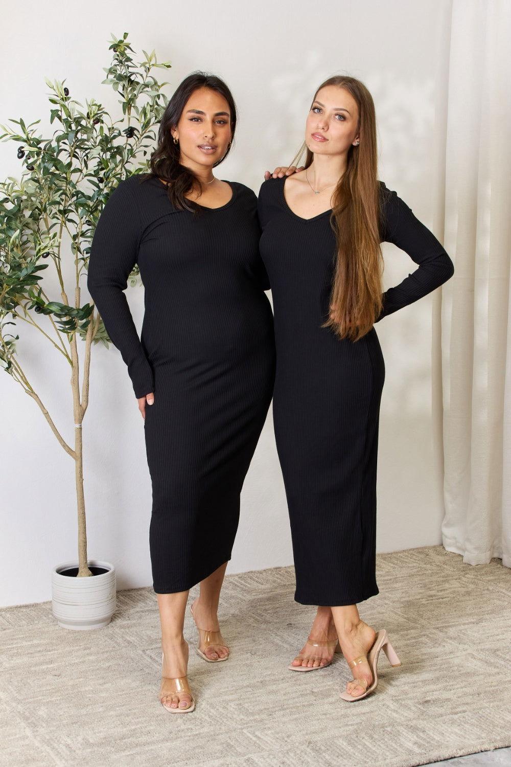 Culture Code Full Size Ribbed Long Sleeve Midi Slit Dress - Clothes For Her Online Store