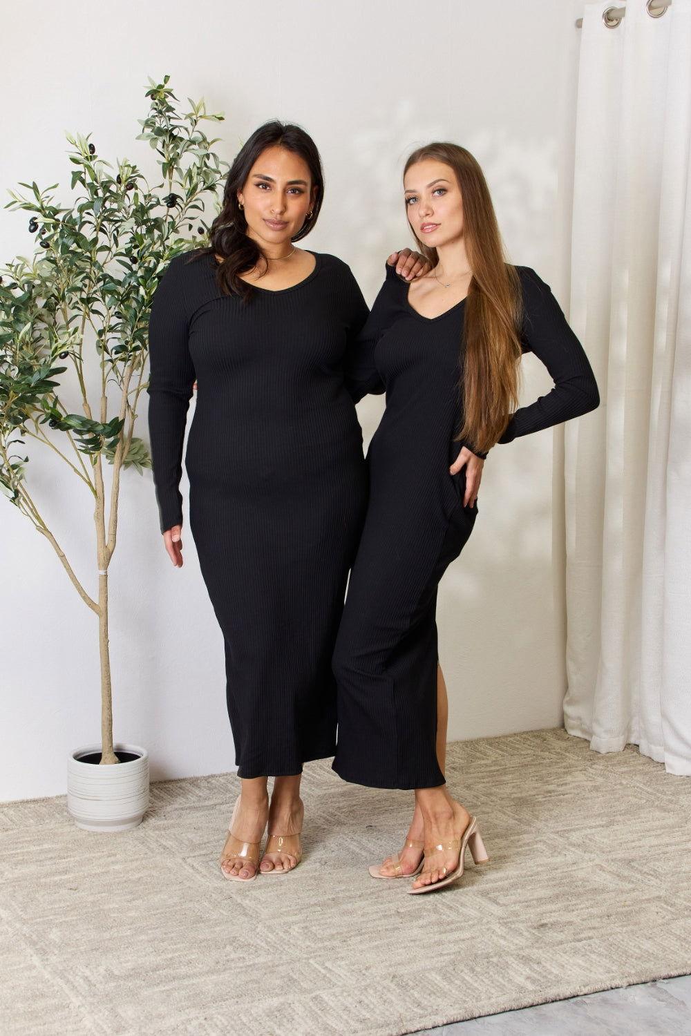 Culture Code Full Size Ribbed Long Sleeve Midi Slit Dress - Clothes For Her Online Store