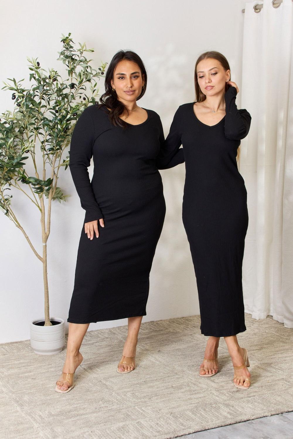 Culture Code Full Size Ribbed Long Sleeve Midi Slit Dress - Clothes For Her Online Store