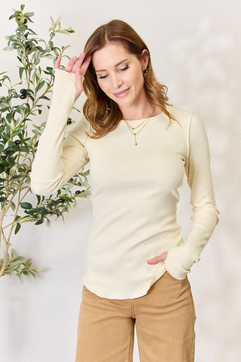Culture Code Full Size Ribbed Round Neck Long Sleeve Top - Clothes For Her Online Store
