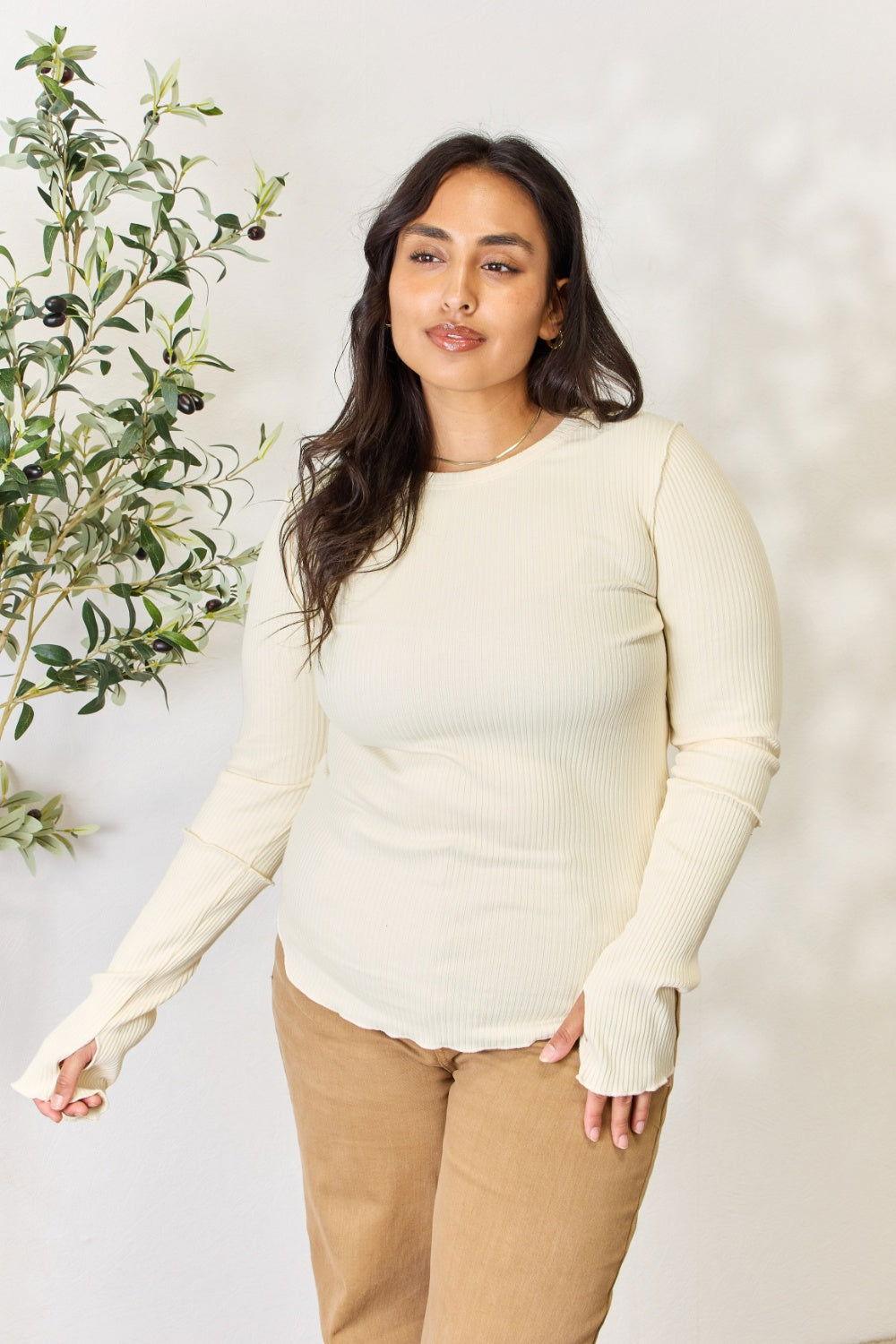 Culture Code Full Size Ribbed Round Neck Long Sleeve Top - Clothes For Her Online Store