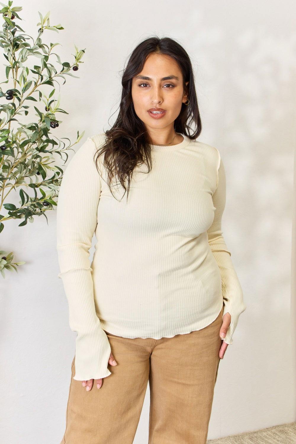 Culture Code Full Size Ribbed Round Neck Long Sleeve Top - Clothes For Her Online Store