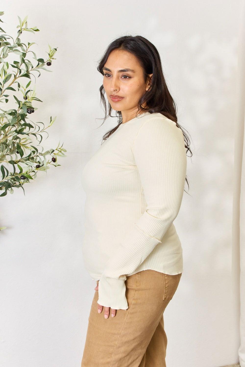 Culture Code Full Size Ribbed Round Neck Long Sleeve Top - Clothes For Her Online Store